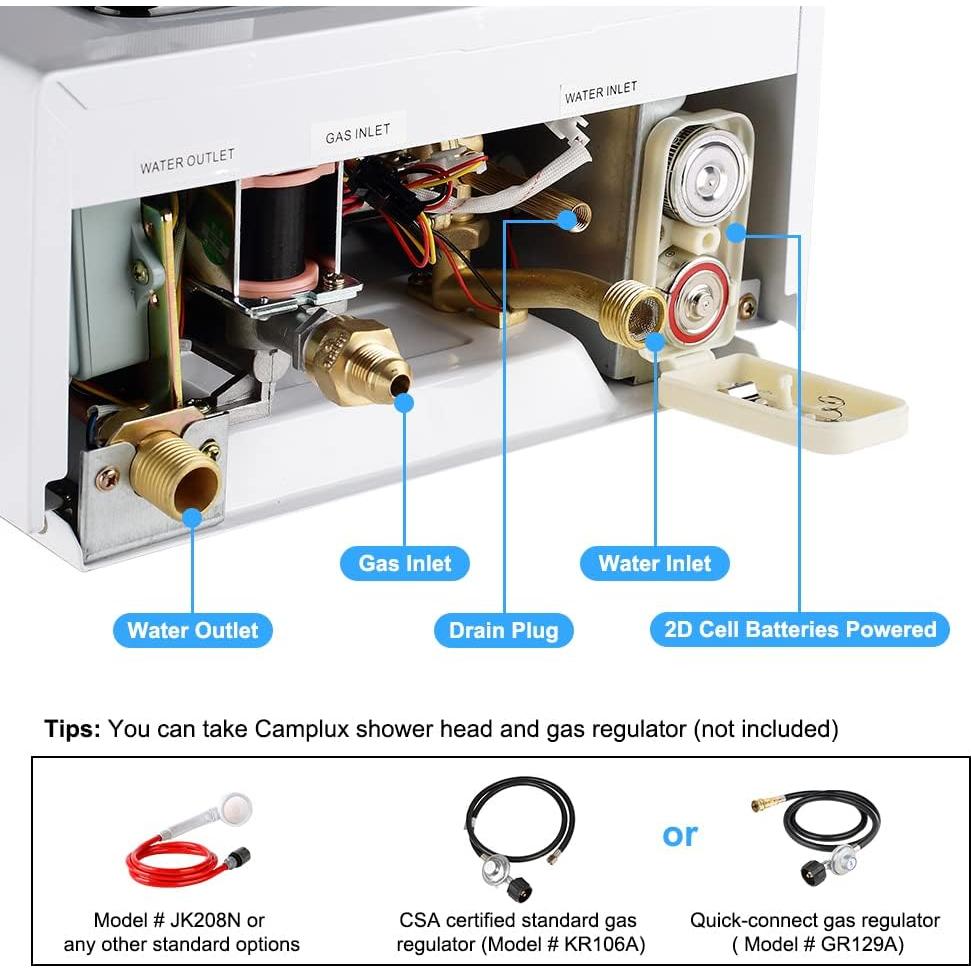 Calentador de Agua Portátil CAMPLUX 1.5 GPM Gas Sin Tanque