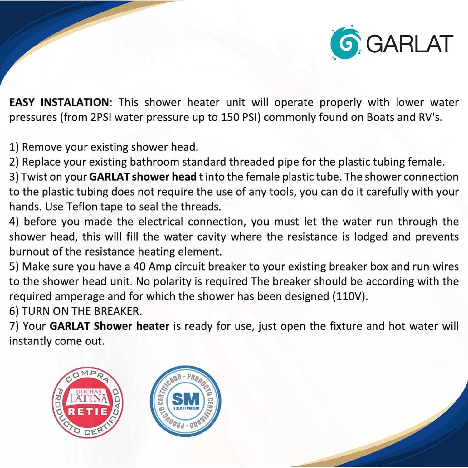 Ducha Eléctrica GARLAT LT20 110V con Ducha de Mano Mini