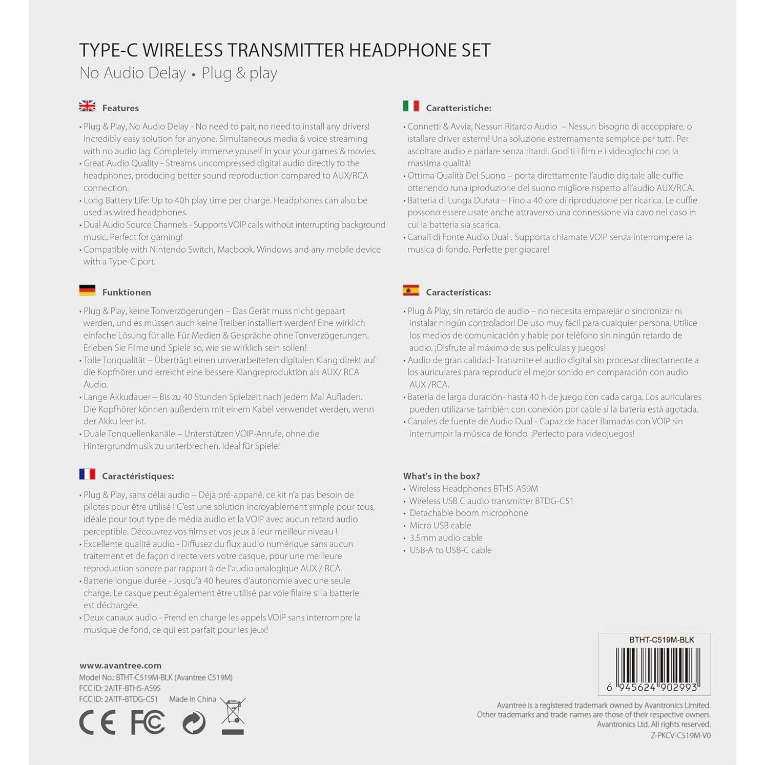 Auriculares Bluetooth Avantree C519M con Micrófono - 40hrs Juego