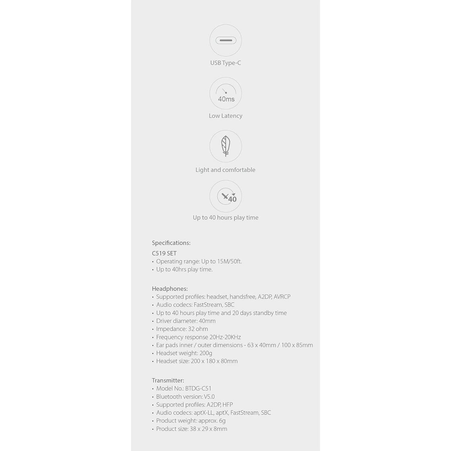 Auriculares Bluetooth Avantree C519M con Micrófono - 40hrs Juego