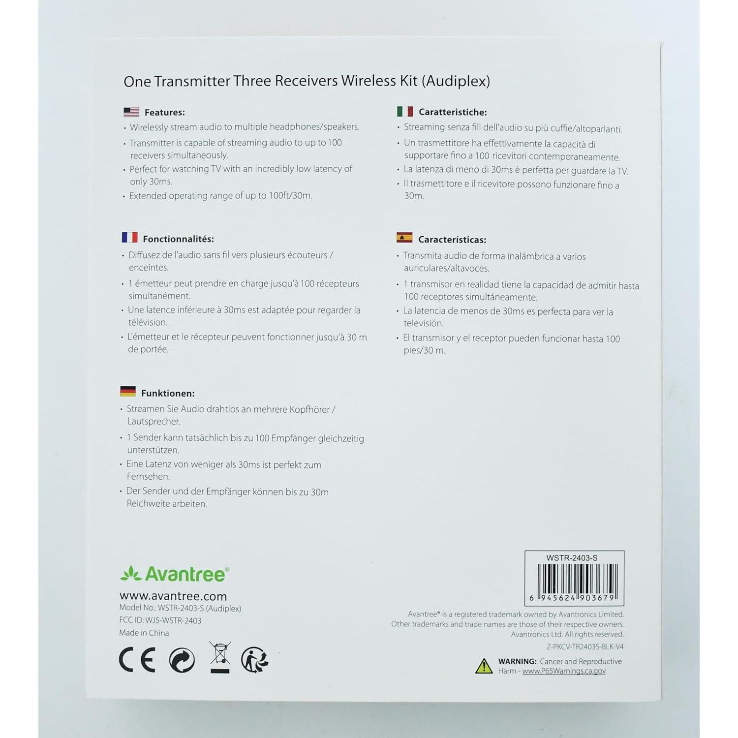 Transmisor de Audio Inalámbrico Avantree Audiplex con 3 Receptores