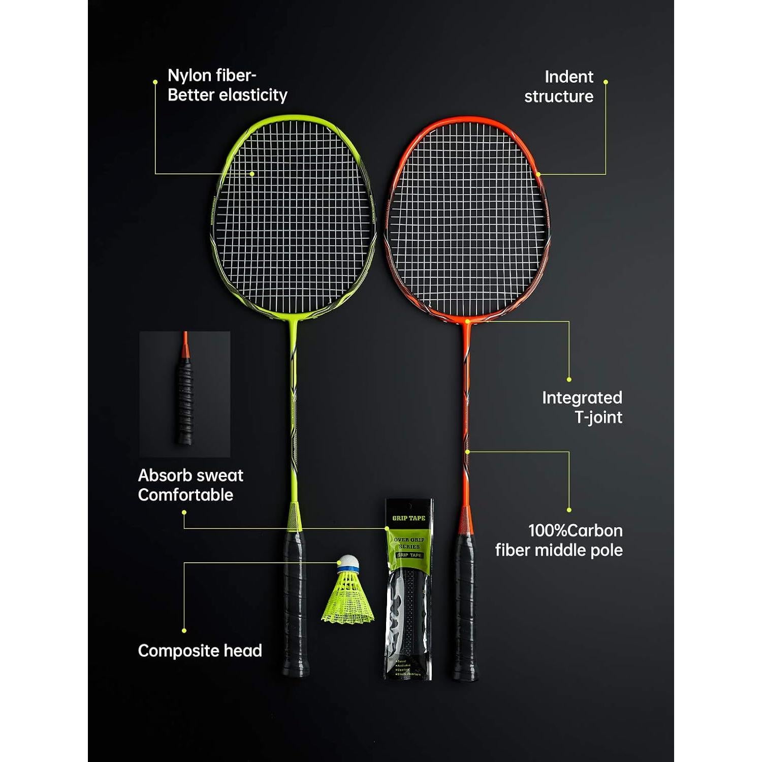Raquetas de Bádminton WOED BATENS Fibra de Carbono 4 Pzas