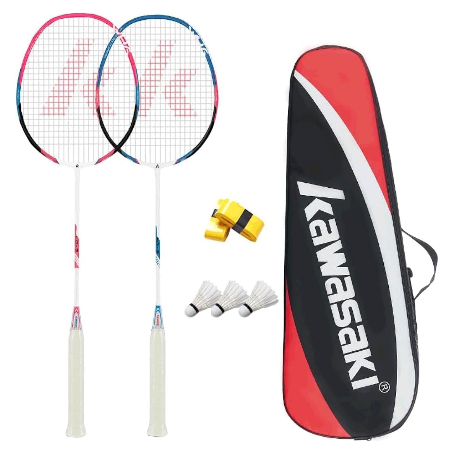 Conjunto de Bádminton Kawasaki - 2 Raquetas de Carbono y 3 Volantes