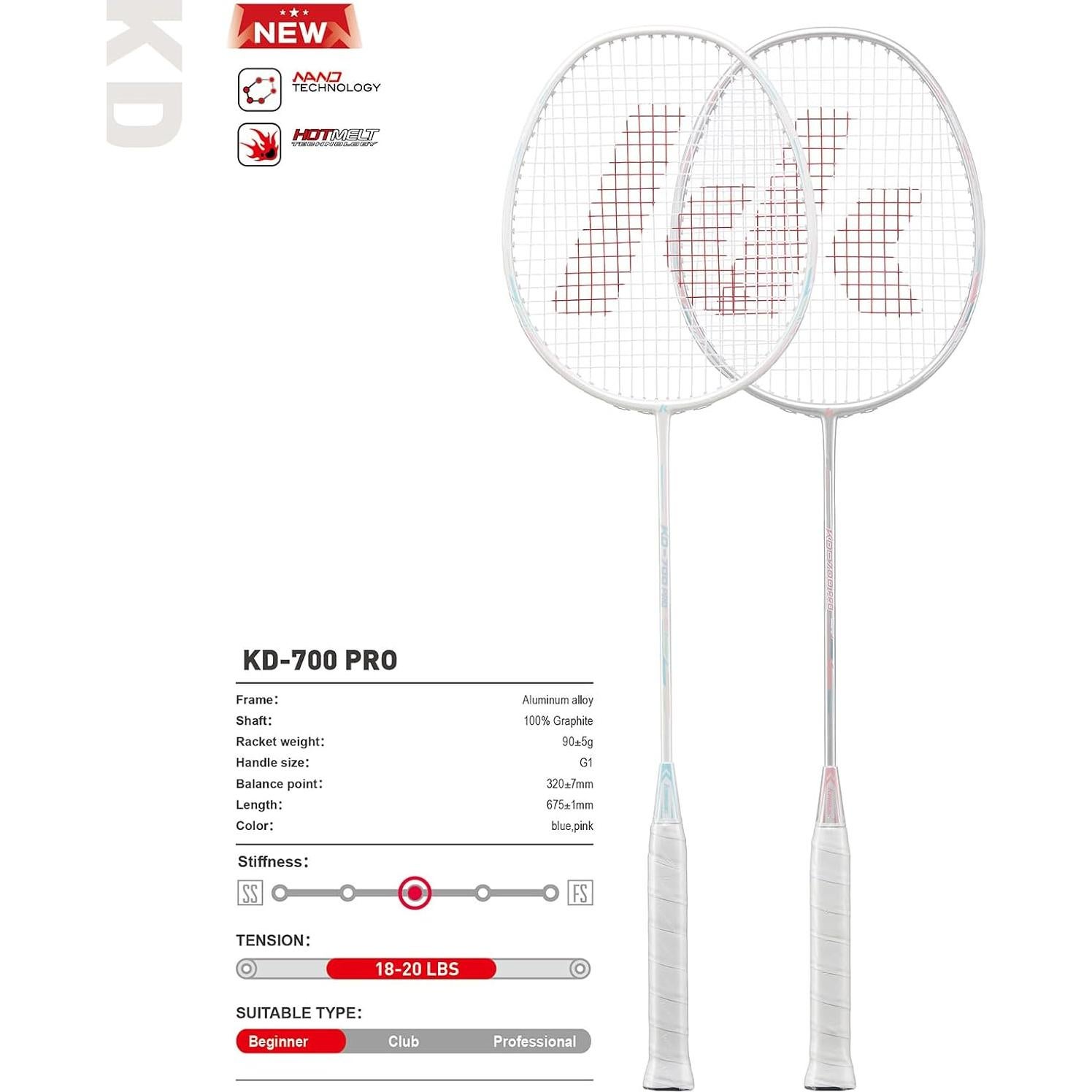 Set de bádminton Kawasaki US-KD-700PRO con 2 raquetas de carbono