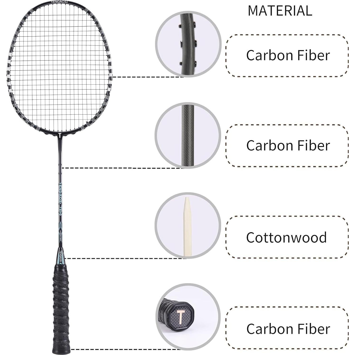 Conjunto de 2 Raquetas de Bádminton TENGAOSI B-7800 Fibra Carbono
