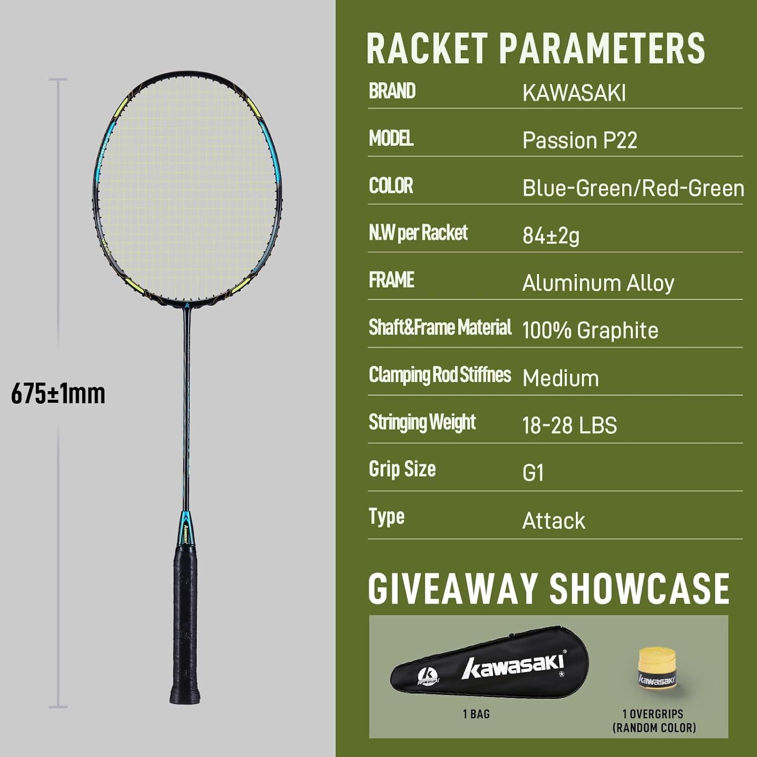 Raqueta de Bádminton Kawasaki Pasión P22 Grafito 84g