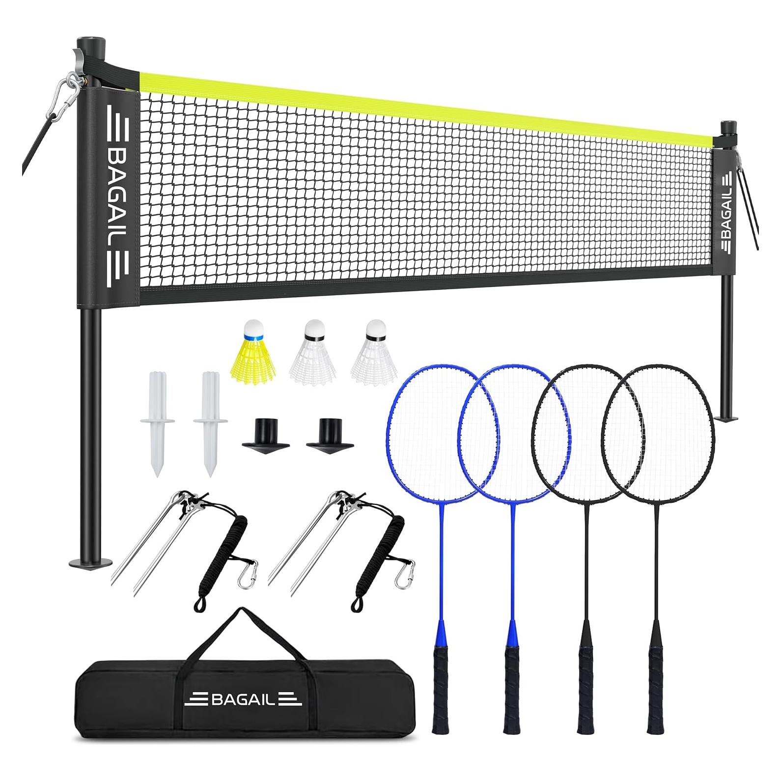 Conjunto de Bádminton BAGAIL con Red 6.1m x 1.5m y 4 Raquetas