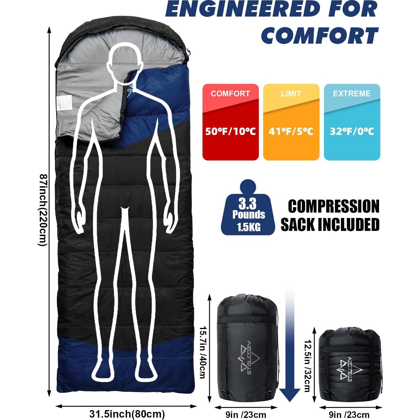Saco de dormir ETGLCOZY 3 temporadas 220x80cm ligero y compacto