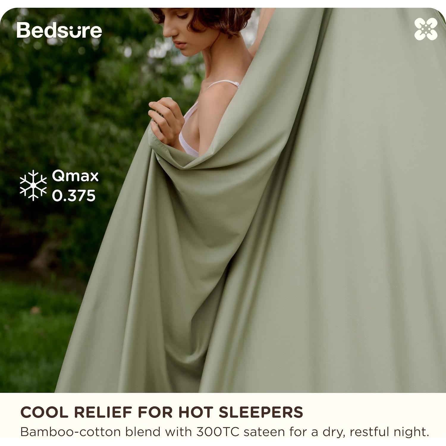 Juego de Sábanas Cooling Bedsure King Verde Salvia 60% Rayón