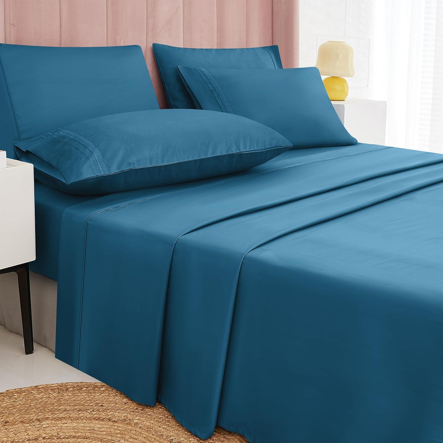 Juego de Sábanas Reina 6pcs MICORAL 60% Microfibra Azul Real