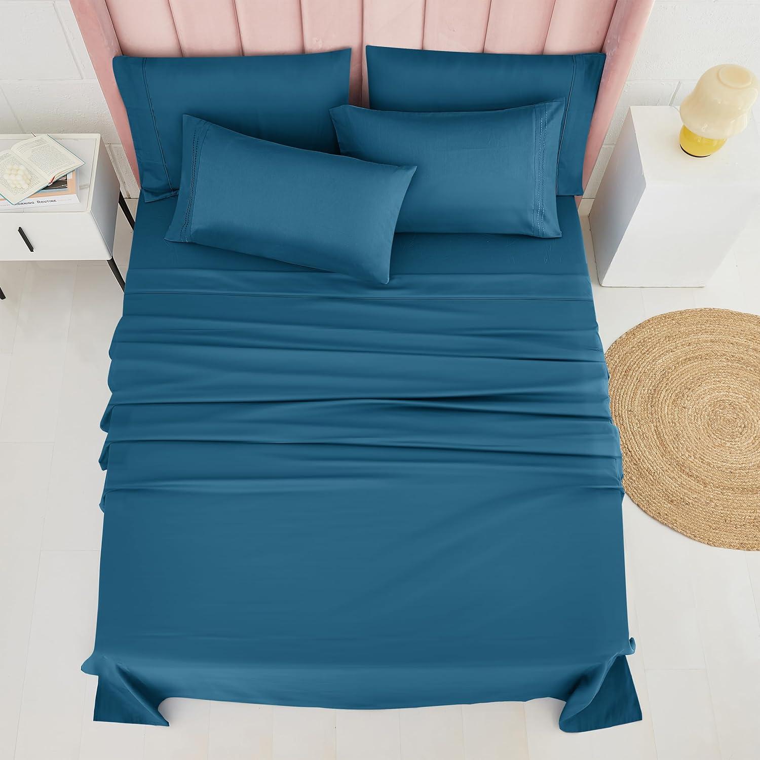 Juego de Sábanas Reina 6pcs MICORAL 60% Microfibra Azul Real