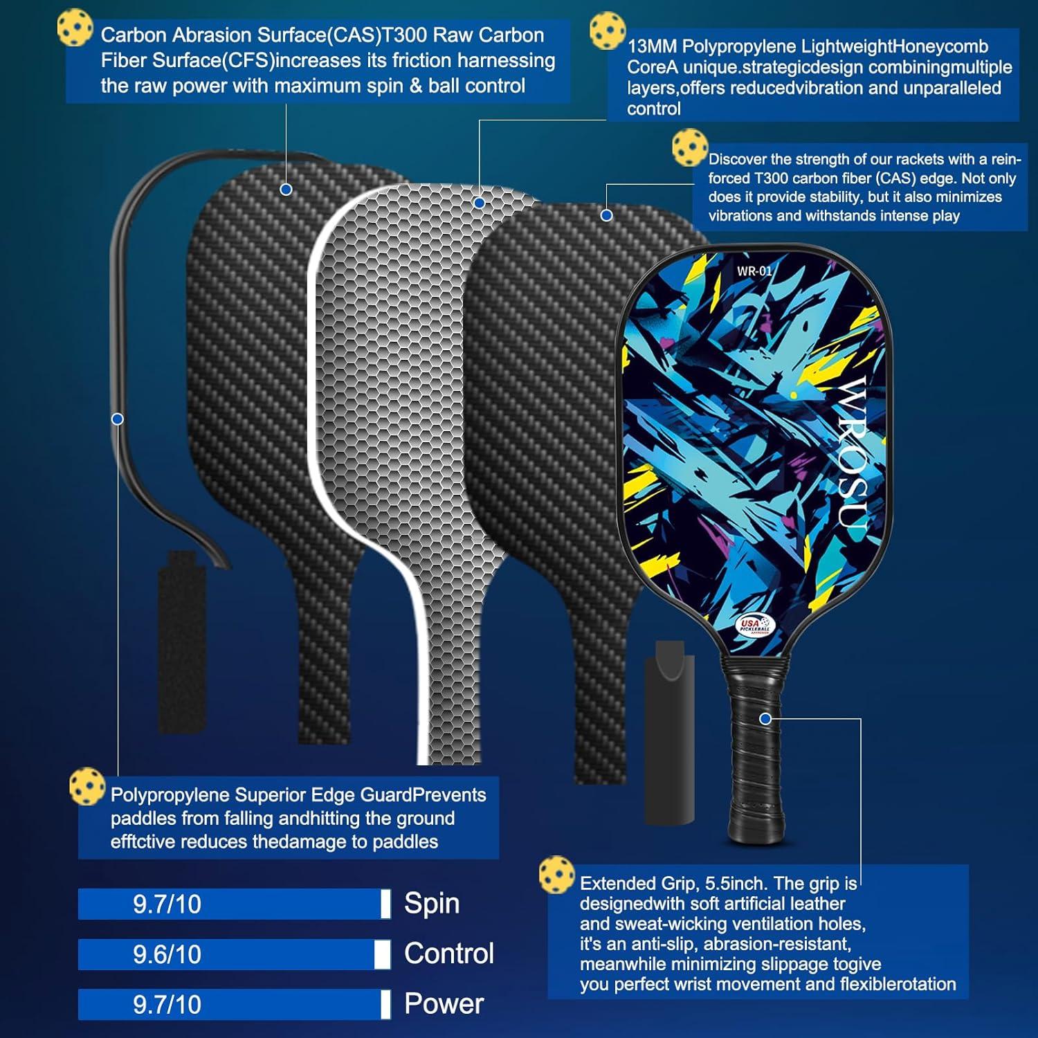 Juego de Palas de Pickleball WROSU de Fibra de Carbono - 2 Unidades