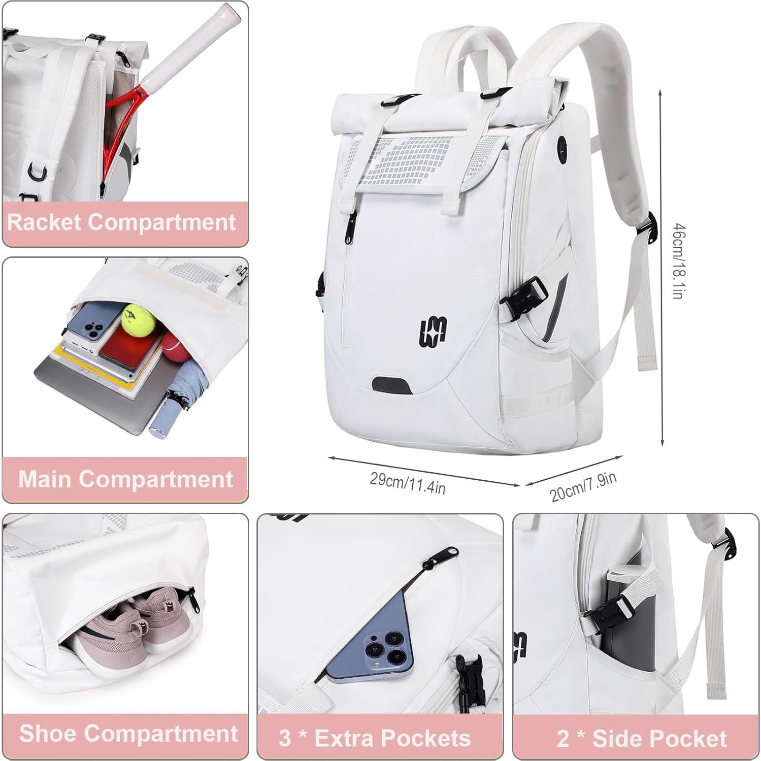 UMGG Tennis Bag Tennis Backpack for Women Men Holds 2 Rackets with Shoe Compartment, Large Pickleball Backpack Hold Tennis Racket, Pickleball Paddles, Badminton Racquet