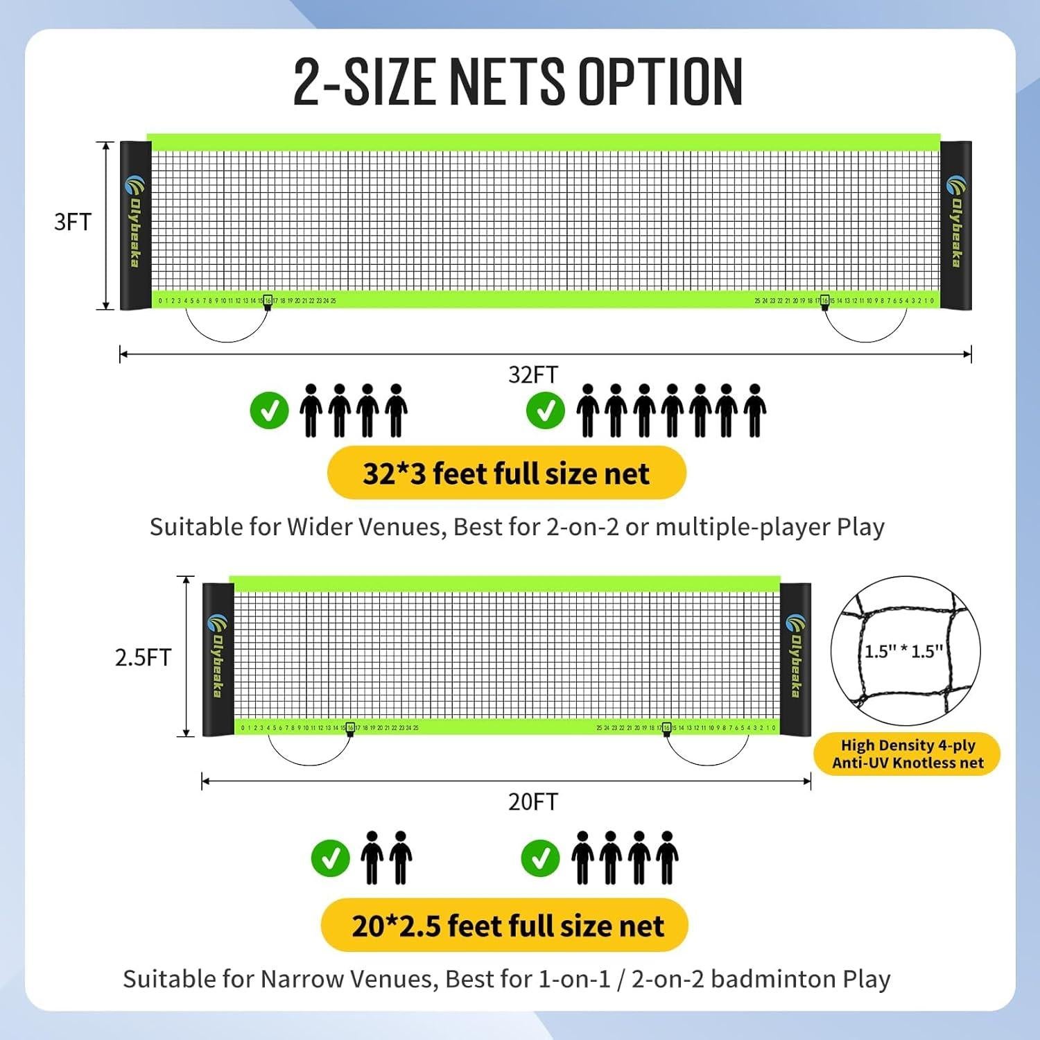 Conjunto Portátil Voleibol y Bádminton Olybeaka 2 Redes 6.1m y 9.8m