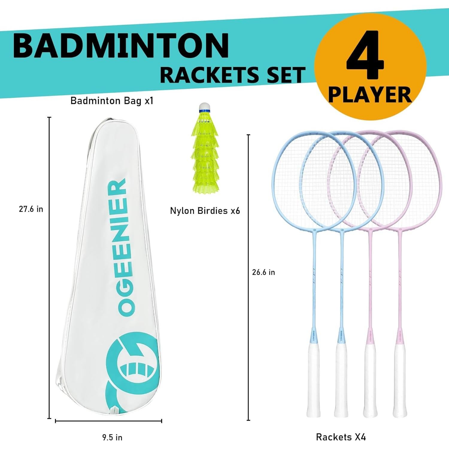 Juego de Raquetas de Bádminton OGEENIER 4 piezas con 6 Volantes