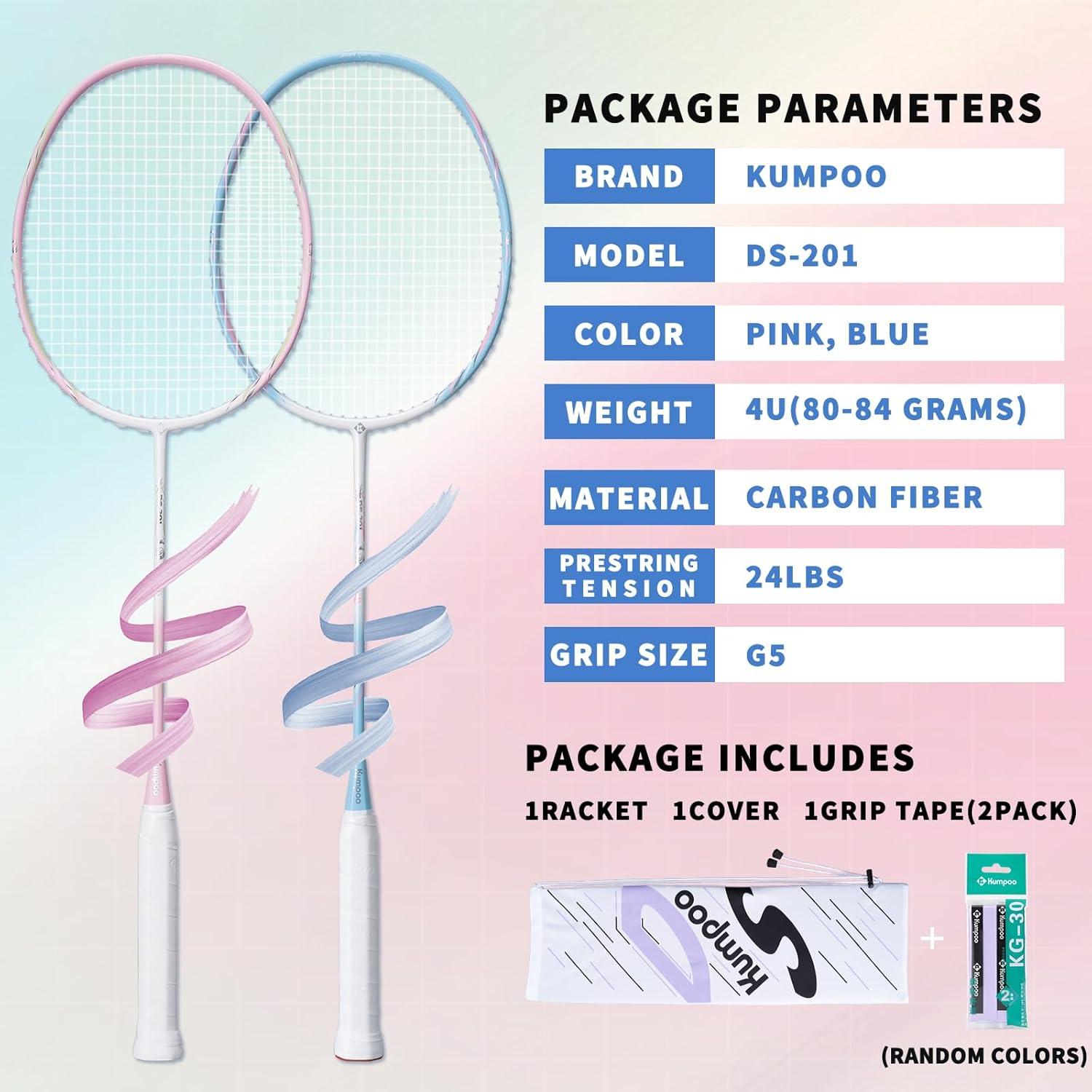 Raqueta de Bádminton KUMPOO DS201 Fibra de Carbono 4U Rosa