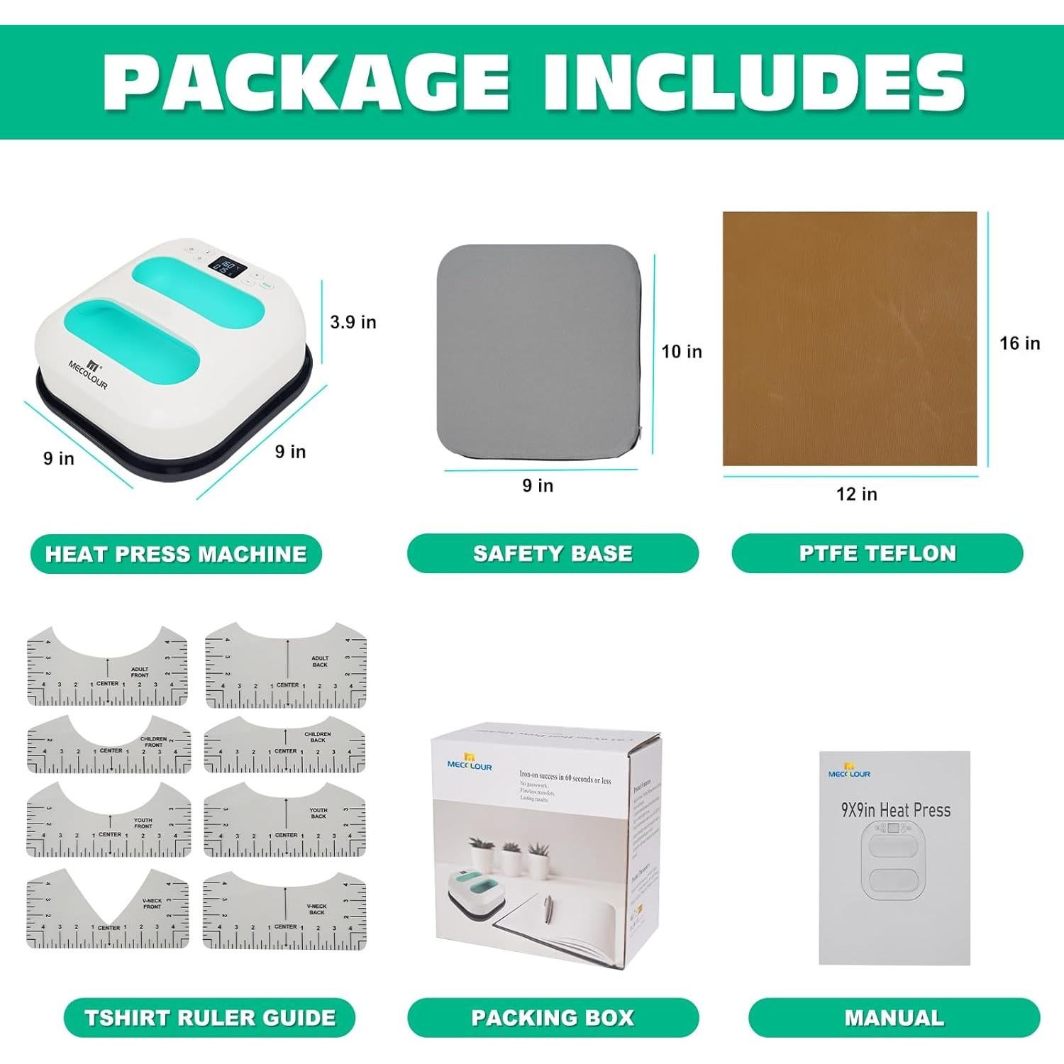 Prensa Térmica Portátil MECOLOUR 23x23 cm Verde con Accesorios