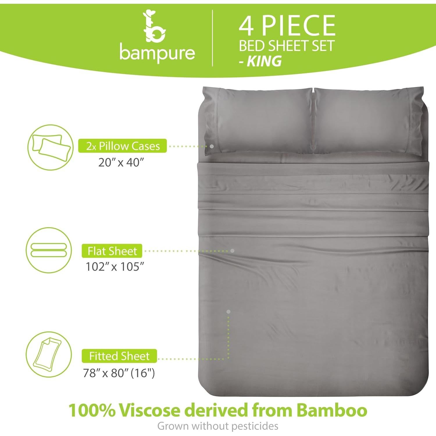 Juego de Sábanas King BAMPURE 100% Viscosa de Bambú - 4 Piezas