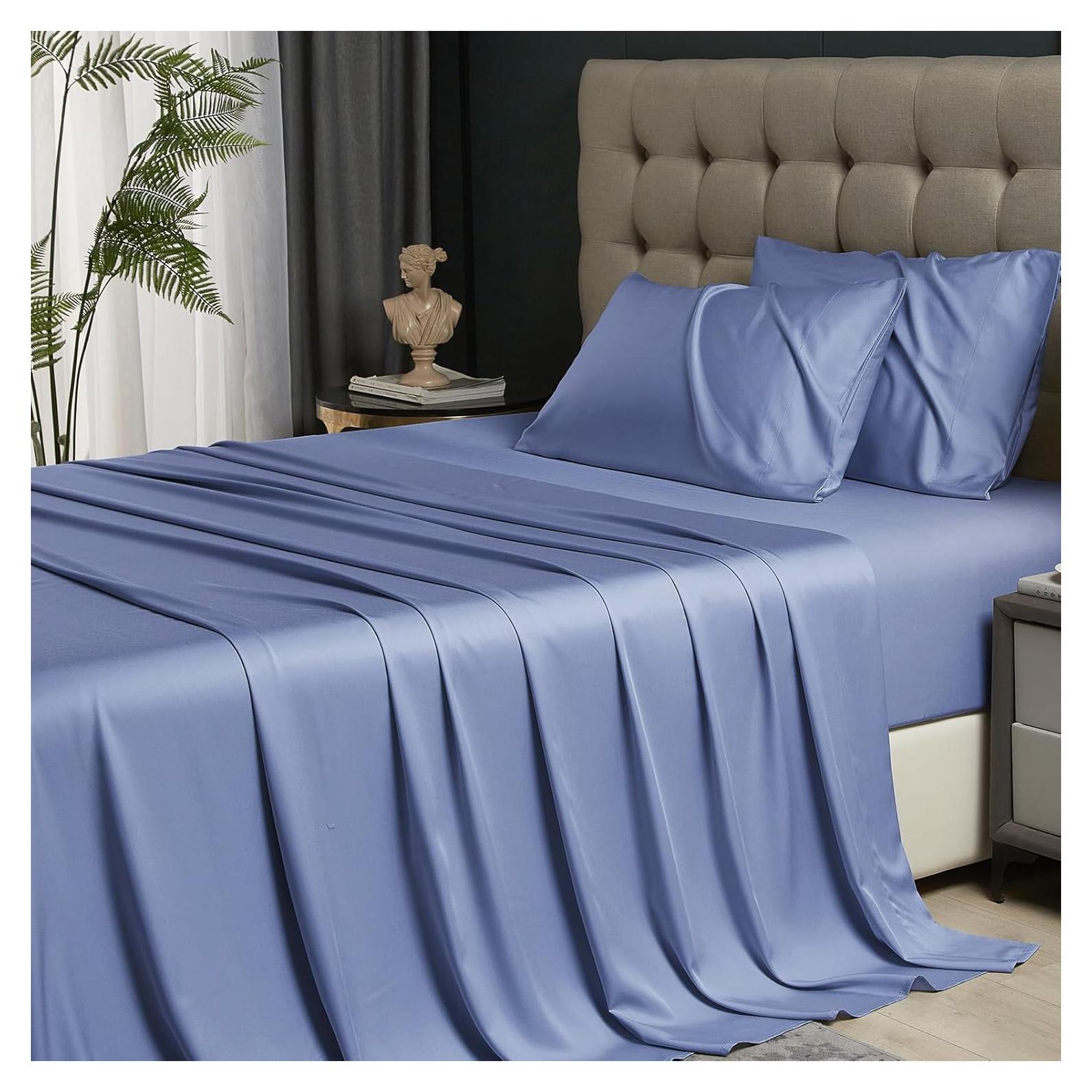 Juego de Sábanas Rey HYPREST de Rayón de Bambú Azul 4 Piezas