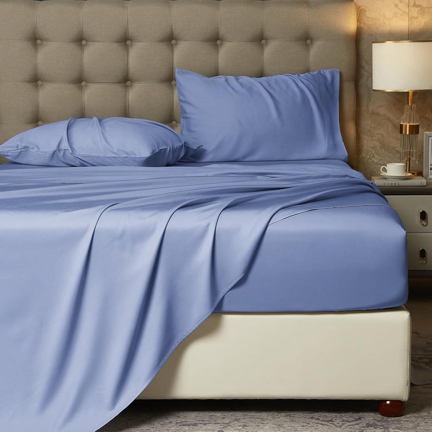 Juego de Sábanas Rey HYPREST de Rayón de Bambú Azul 4 Piezas