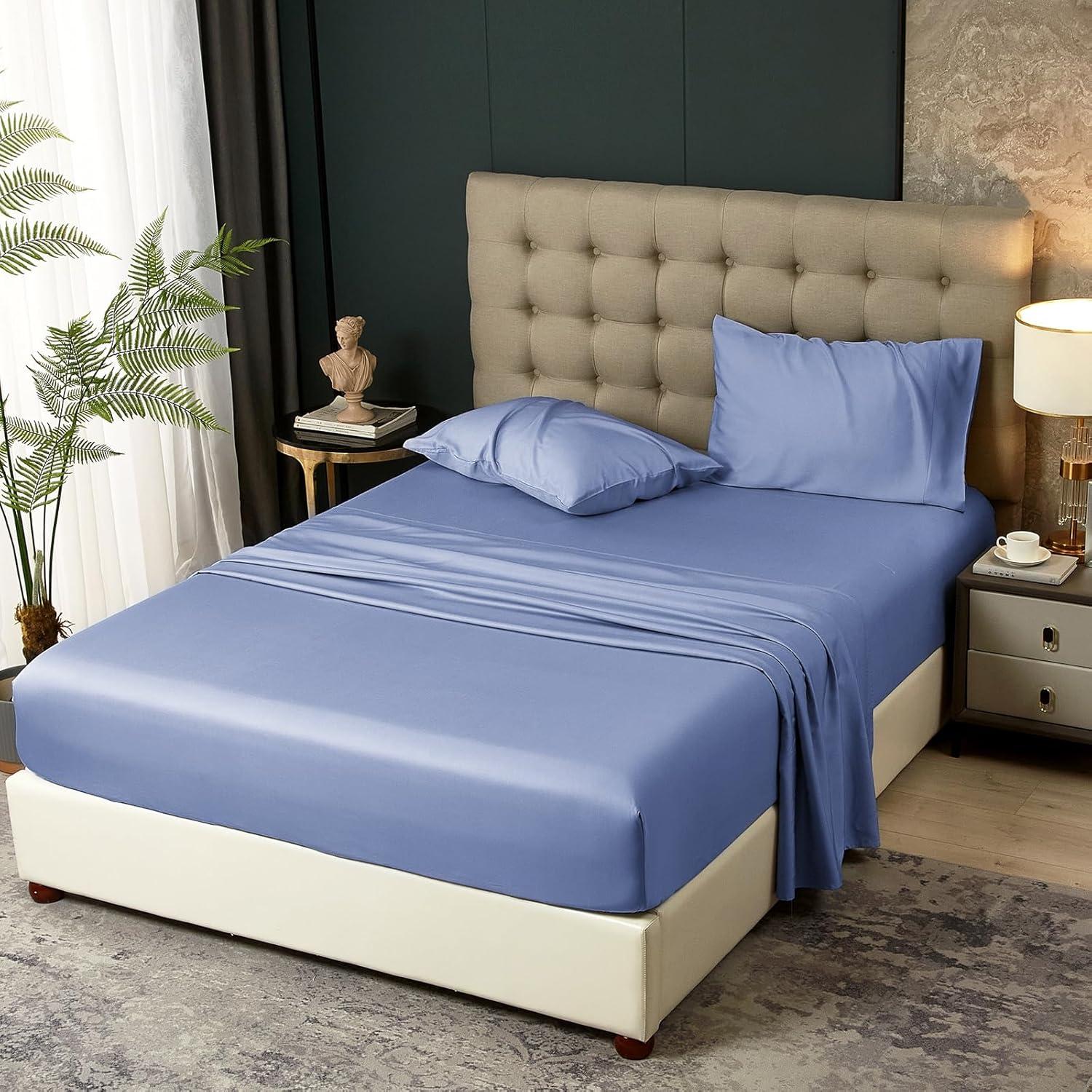 Juego de Sábanas Rey HYPREST de Rayón de Bambú Azul 4 Piezas