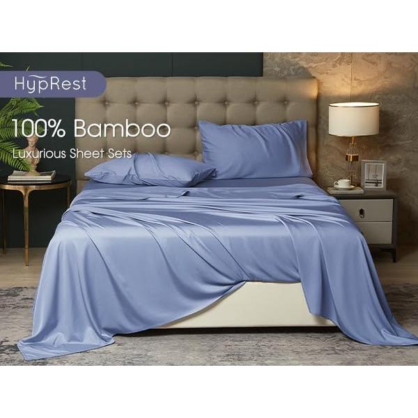 Juego de Sábanas Rey HYPREST de Rayón de Bambú Azul 4 Piezas