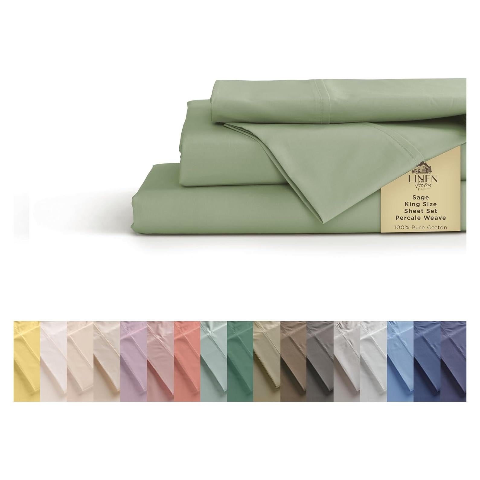 Juego de Sábanas King Size 100% Algodón Percal Linen Home Salvia