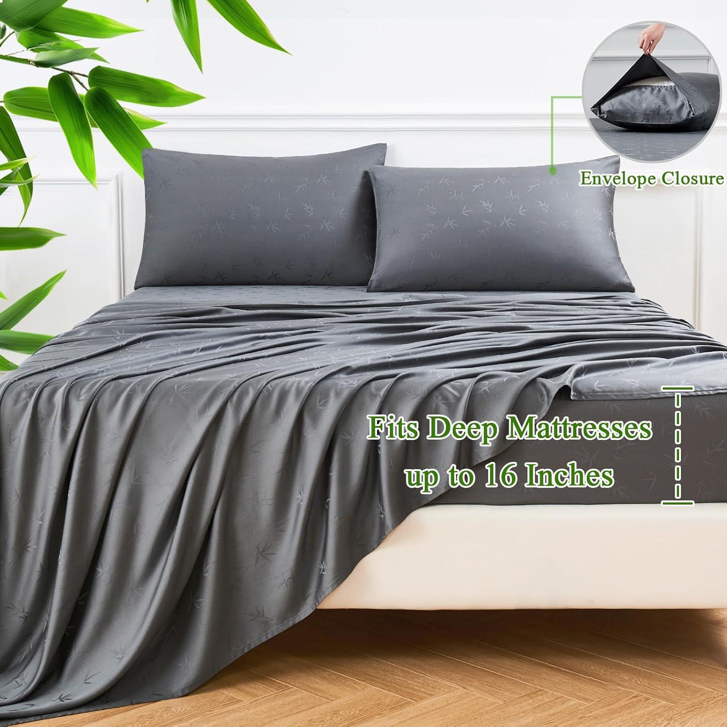 Juego de Sábanas Reina HCORA 100% Viscosa Bambú 600 Hilos Gris