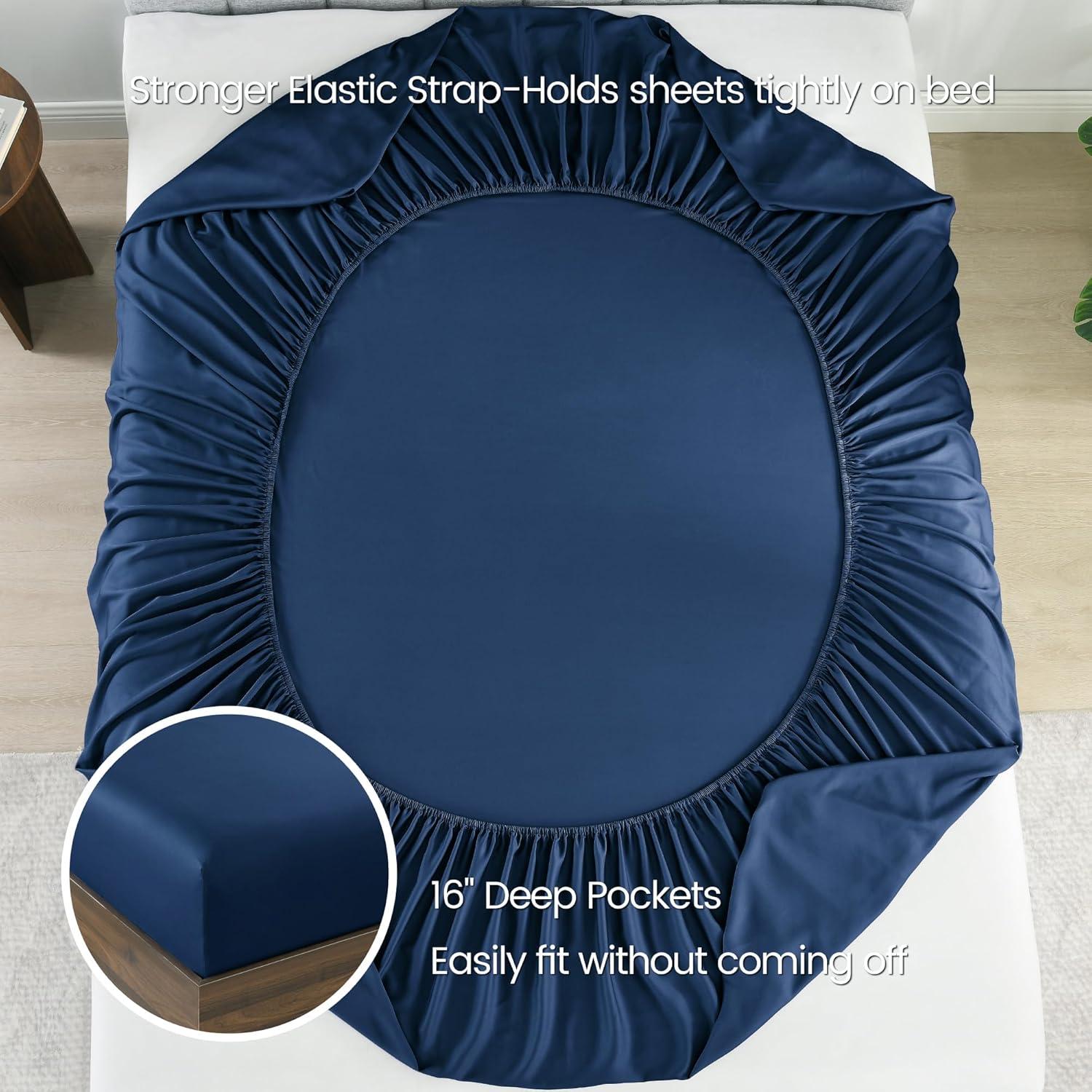 Sábana Ajustable King 100% Viscosa Bambú Rosecret Azul Marino