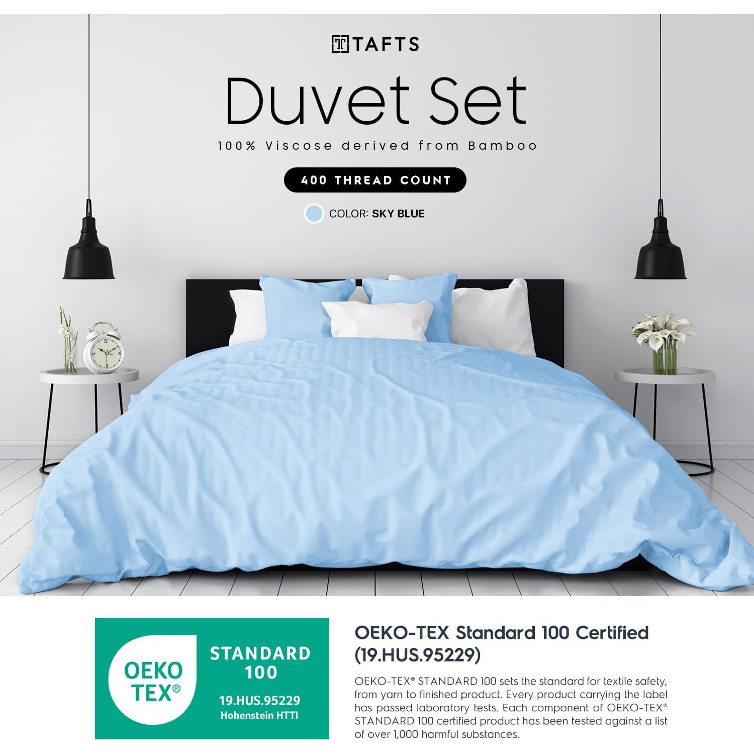 Funda de Edredón King Tafts 3 Piezas Viscosa Bambú Azul Cielo