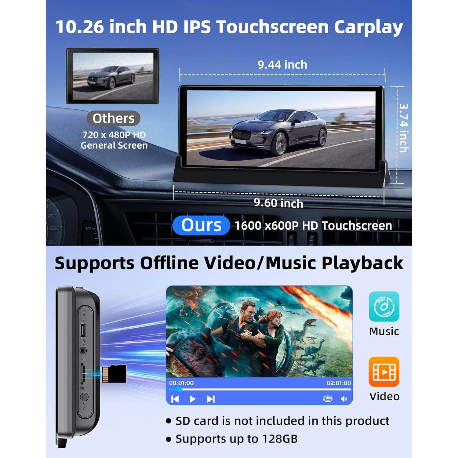 Soporte Pantalla 10.26" Apple CarPlay Jelkuz con Bluetooth