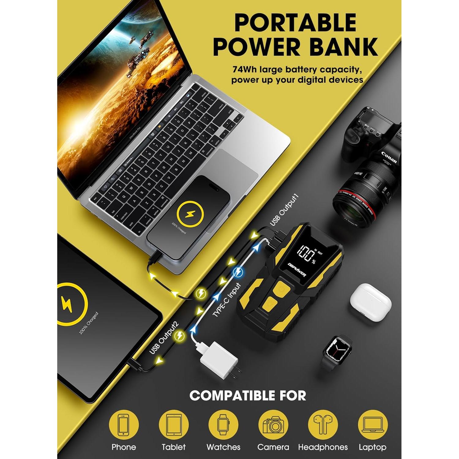 Arrancador de Batería DBPOWER Z07 5000A 74Wh 12V con Linterna LED