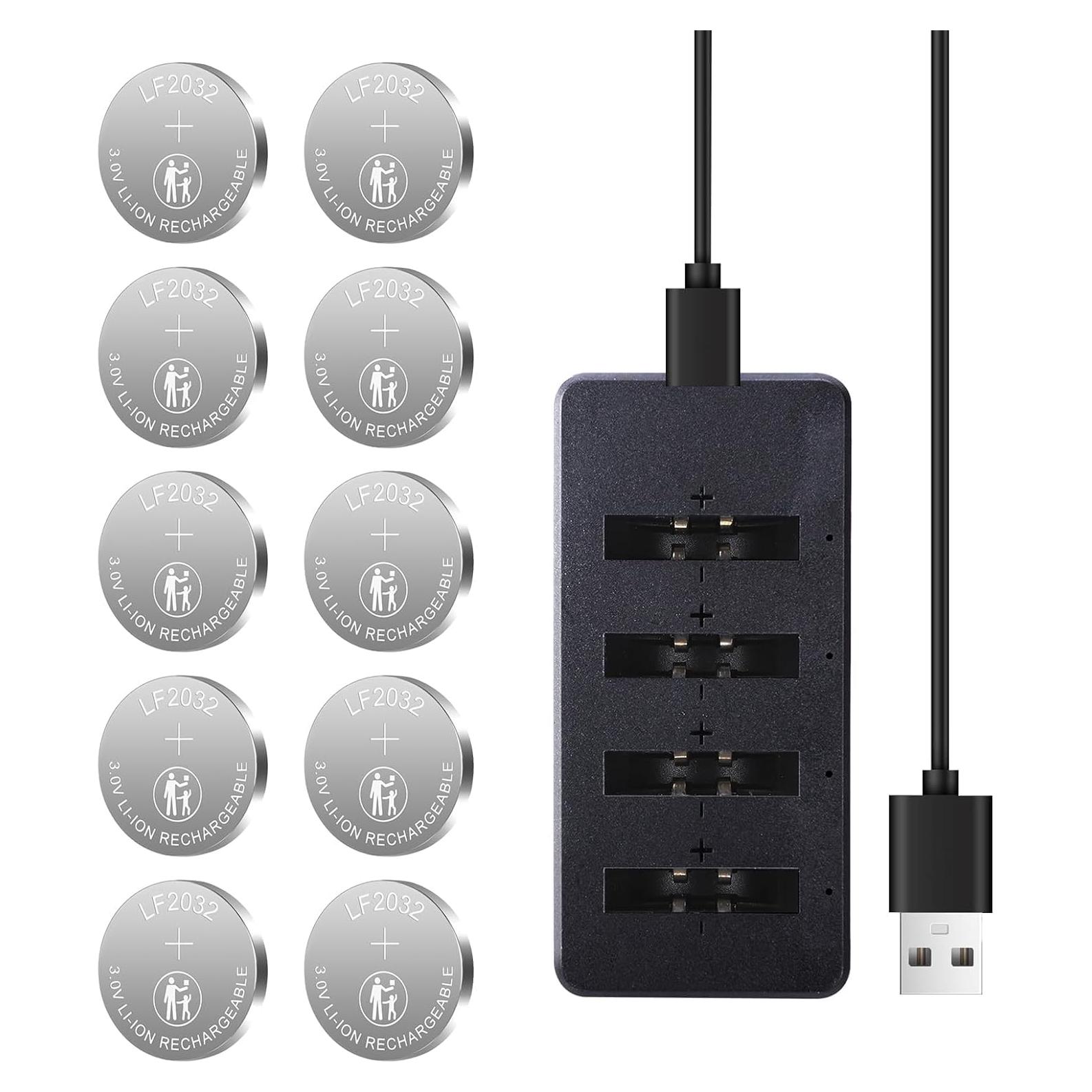 Baterías Recargables CR2032 3V + Cargador - 10 Unidades