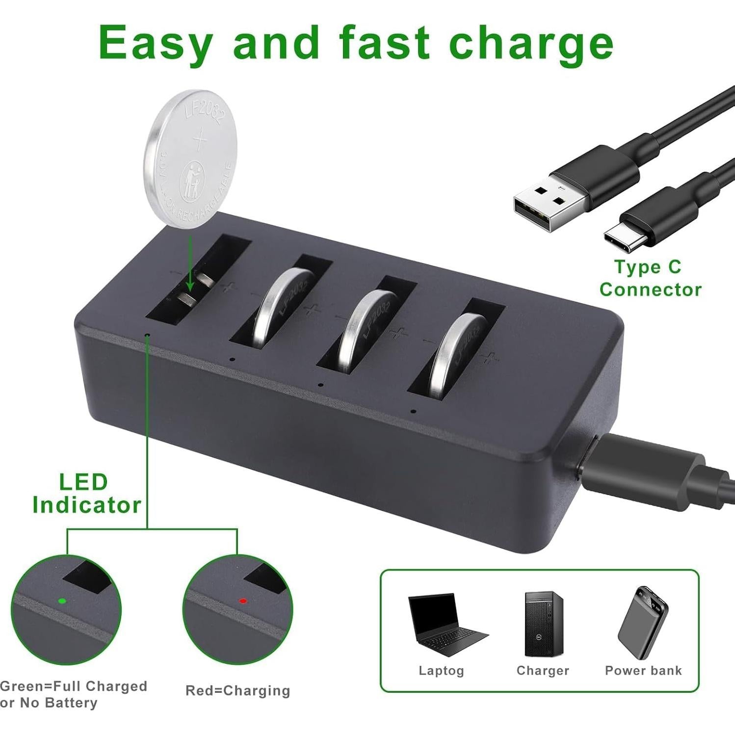 Baterías Recargables CR2032 3V + Cargador - 10 Unidades