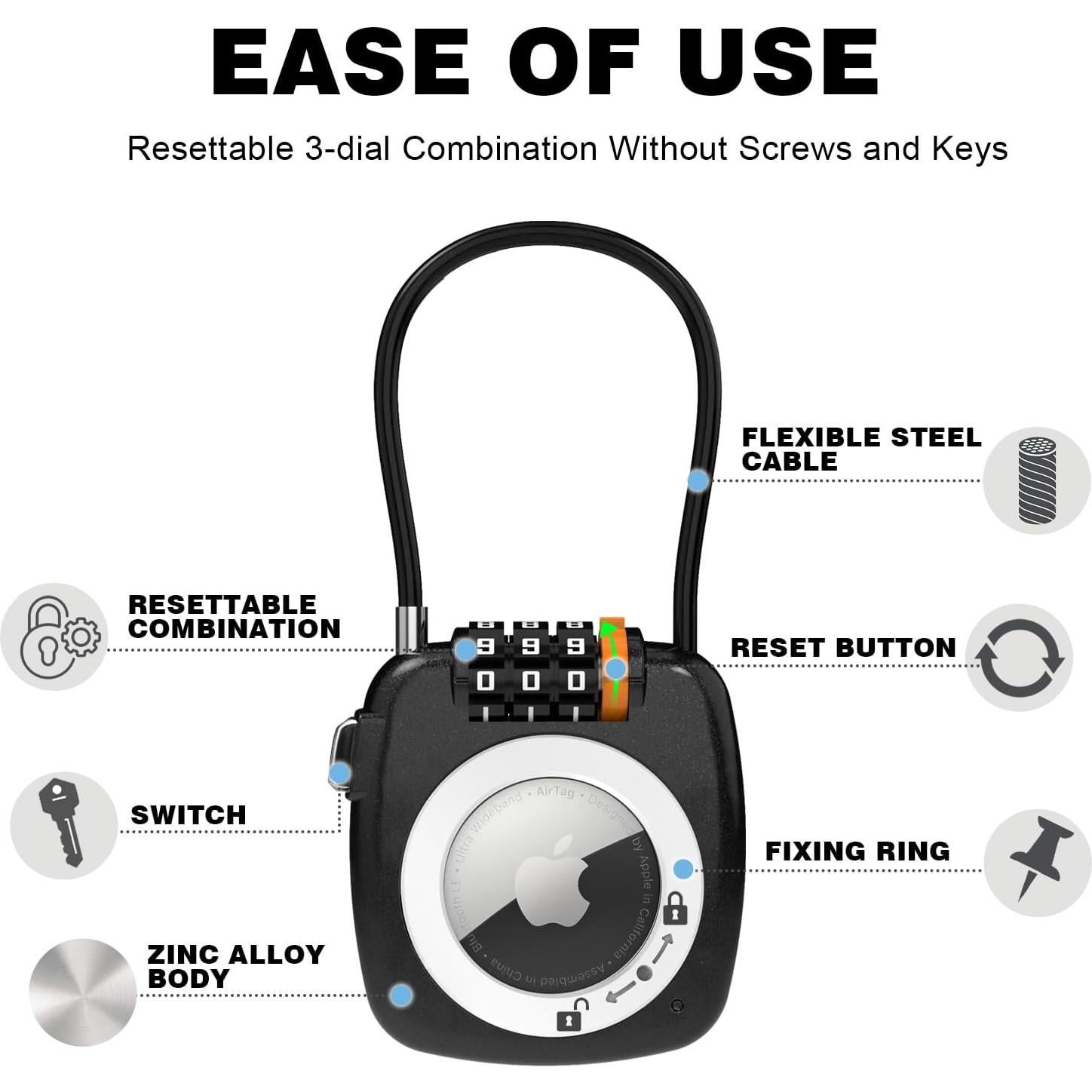 Soporte para llavero Airtag Avanco con candado 3 dígitos negro