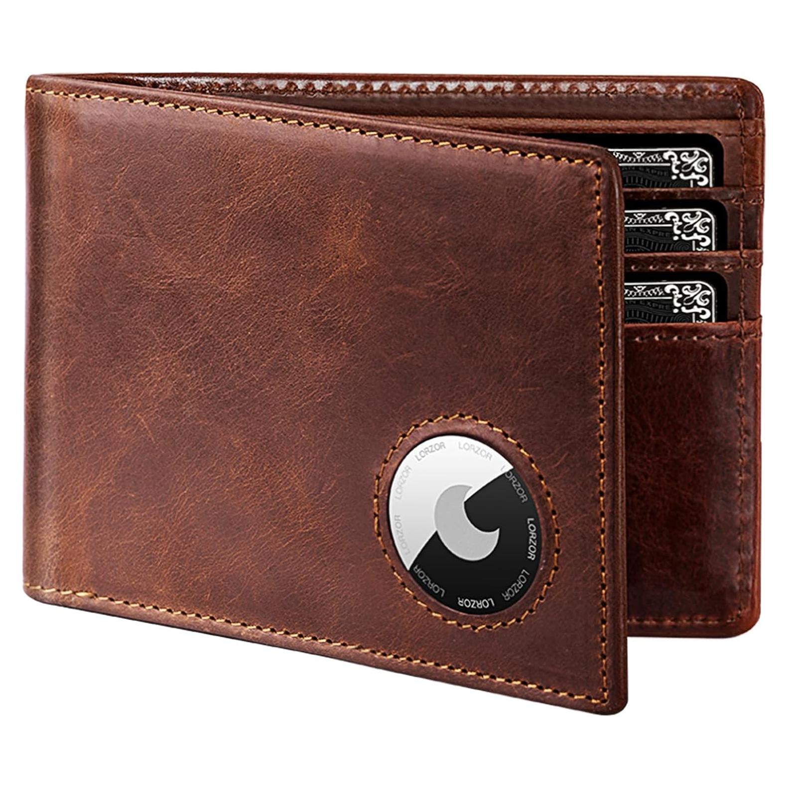 Billetera AirTag LORZOR Bifold Cuero Grano Completo Marrón