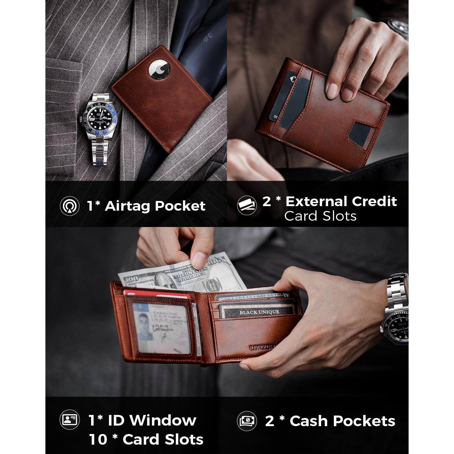 Billetera AirTag LORZOR Bifold Cuero Grano Completo Marrón