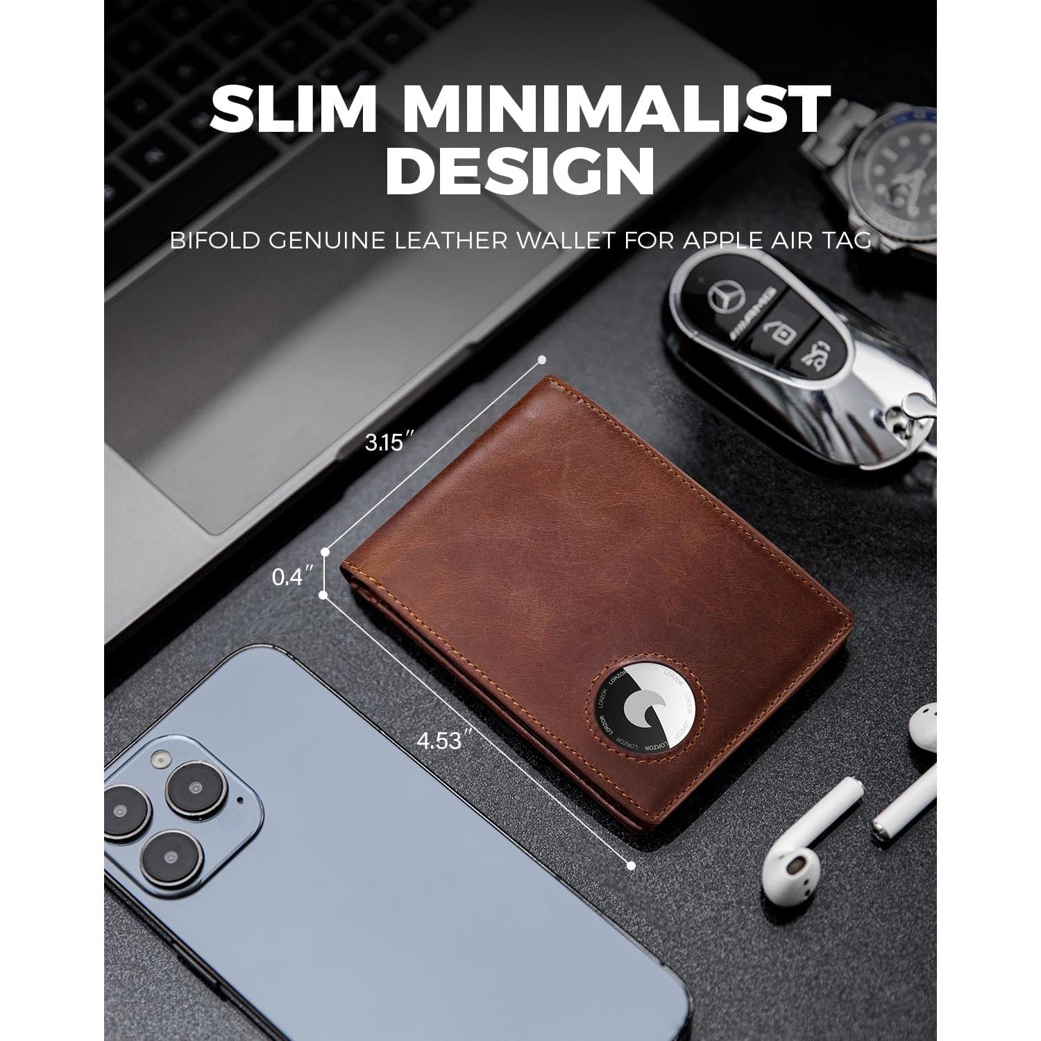 Billetera AirTag LORZOR Bifold Cuero Grano Completo Marrón