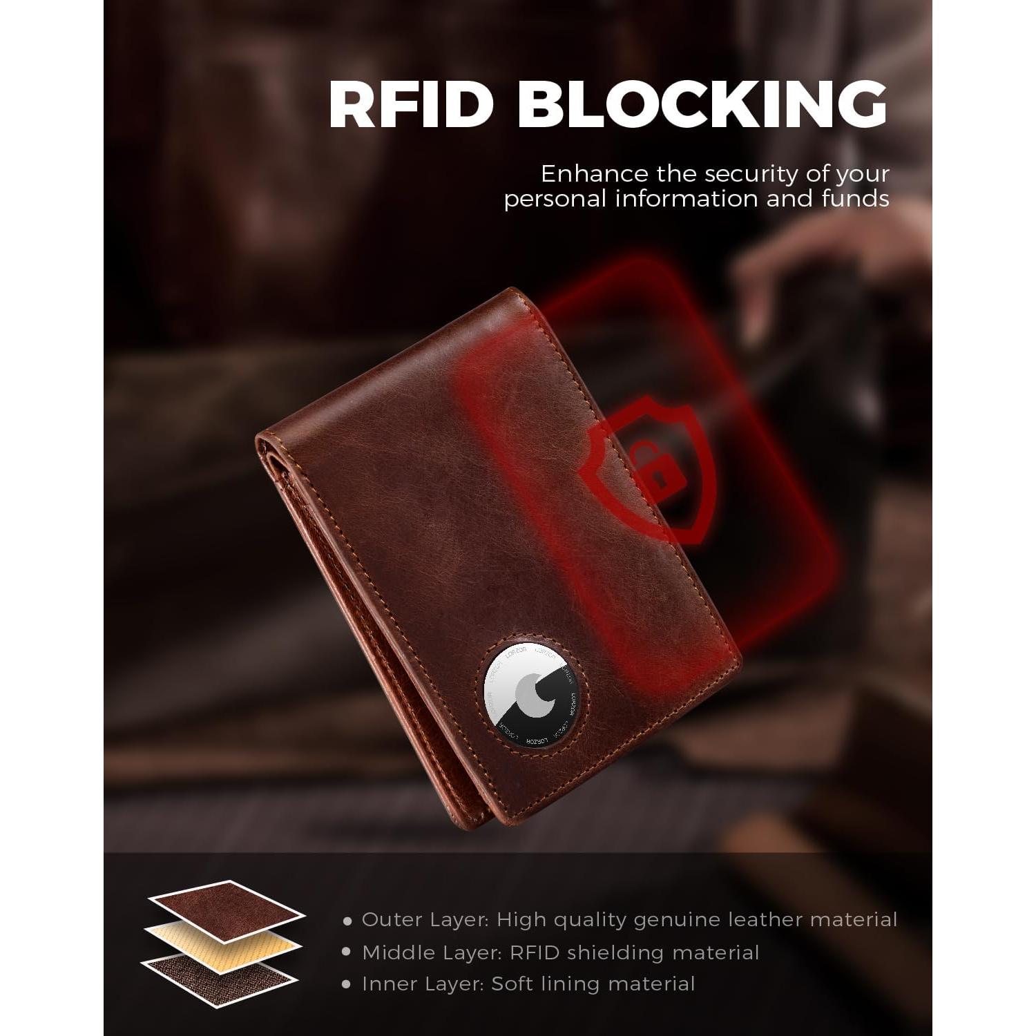 Billetera AirTag LORZOR Bifold Cuero Grano Completo Marrón