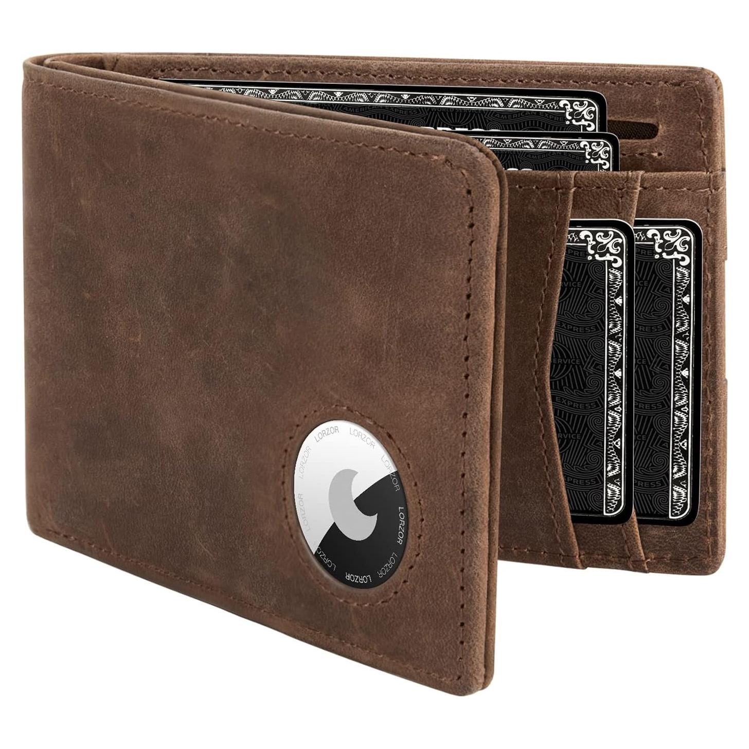 Billetera de Cuero LORZOR AirTag para Hombres Bifold RFID