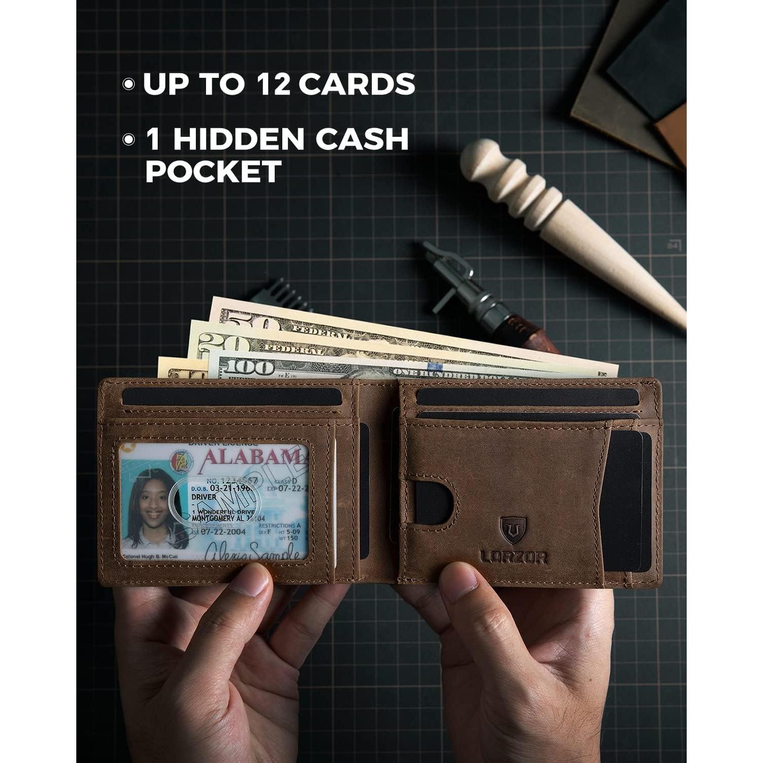 Billetera de Cuero LORZOR AirTag para Hombres Bifold RFID
