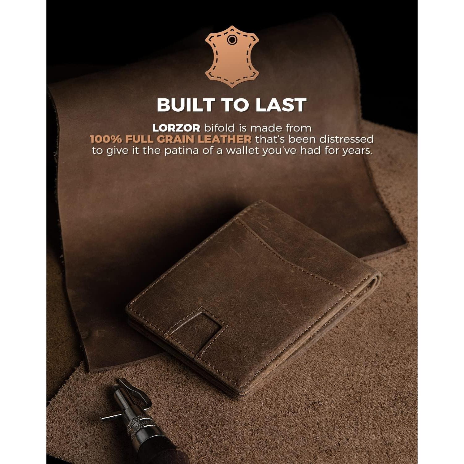 Billetera de Cuero LORZOR AirTag para Hombres Bifold RFID