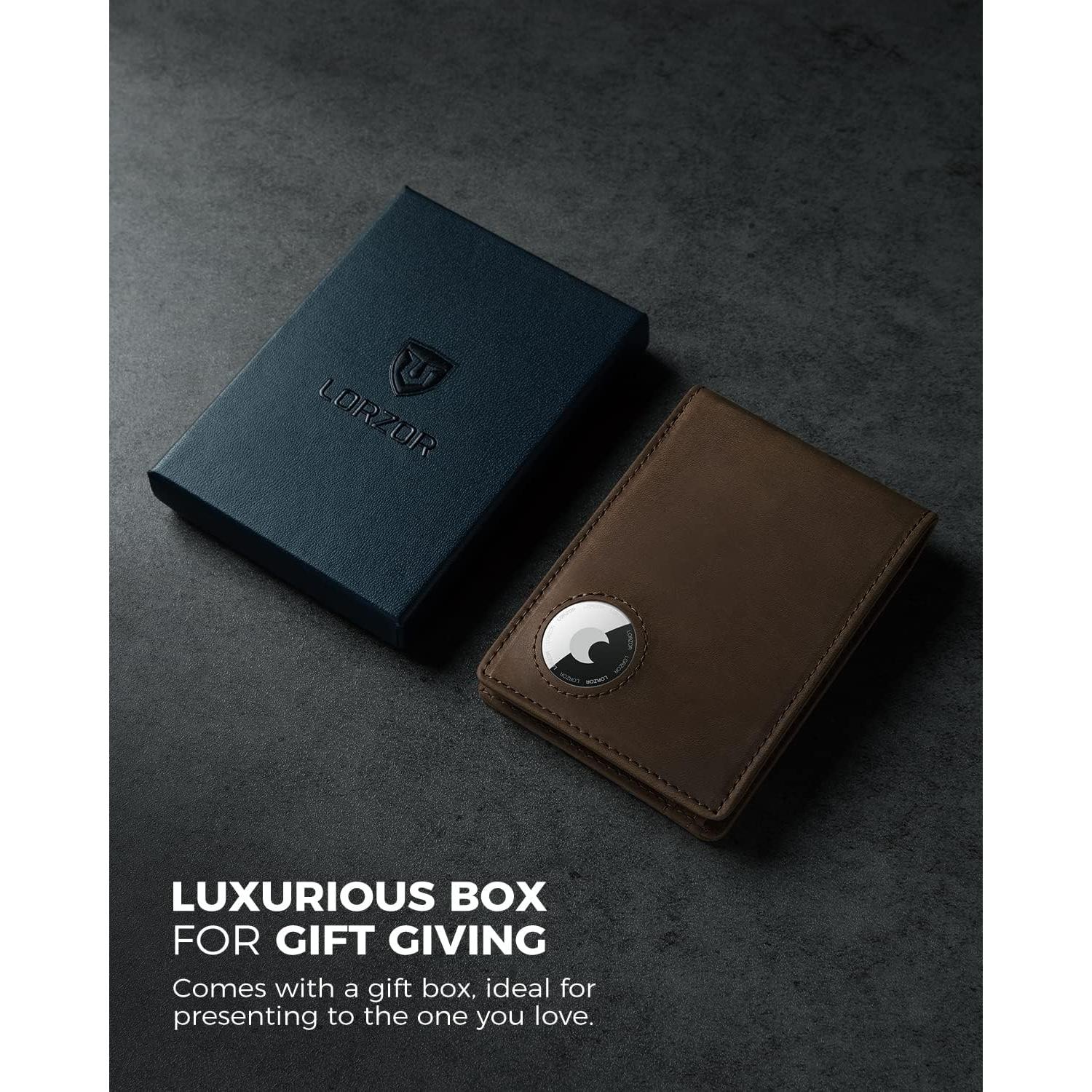 Billetera de Cuero LORZOR AirTag para Hombres Bifold RFID