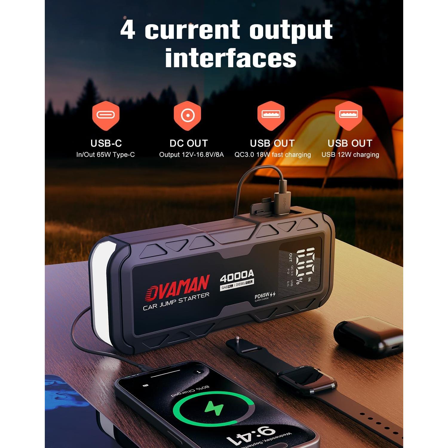 Arrancador de Batería Portátil OVAMAN H5 4000A 12V con Luz LED