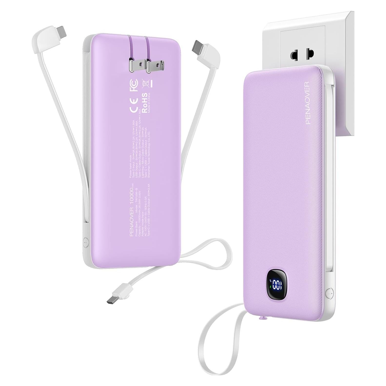 Cargador Portátil 10000mAh Penaover con Cables Integrados y Carga Rápida