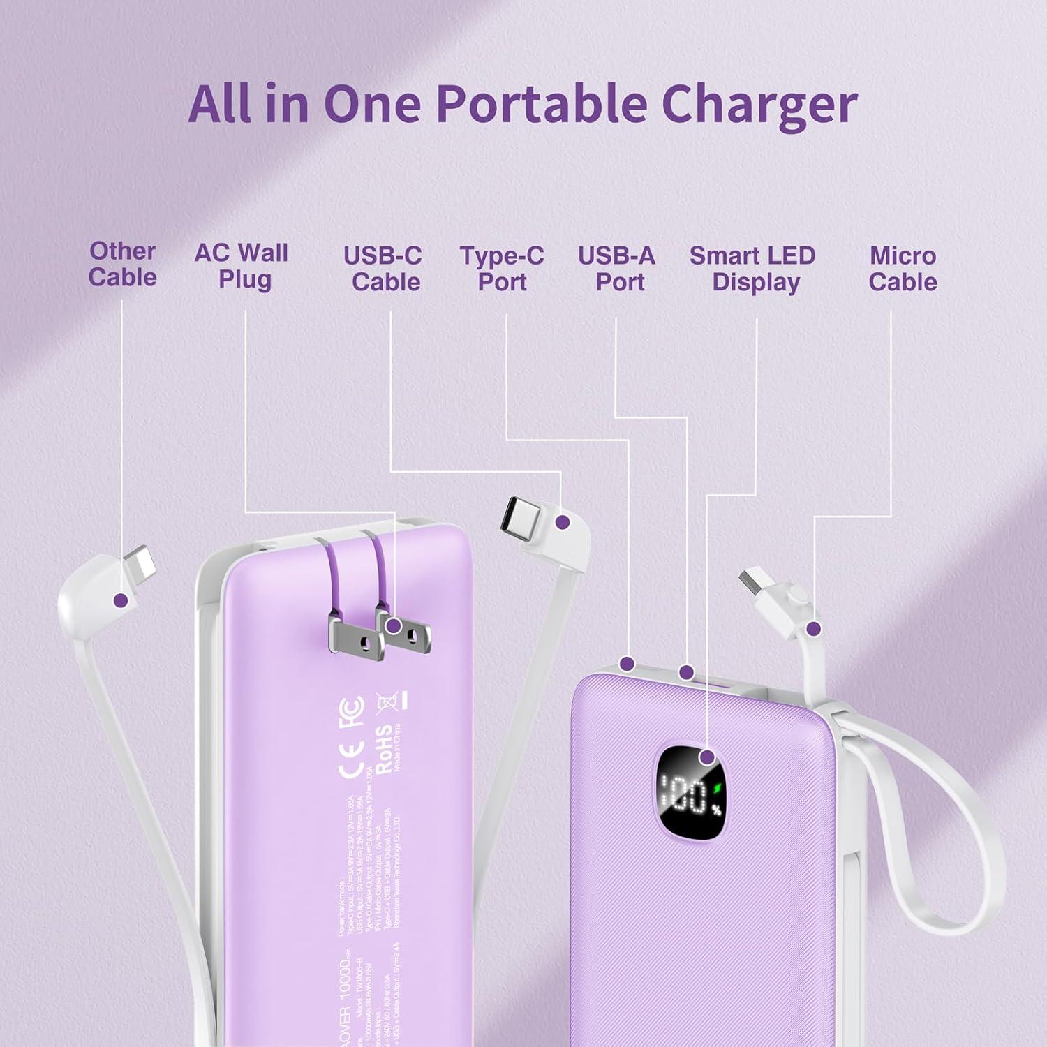 Cargador Portátil 10000mAh Penaover con Cables Integrados y Carga Rápida