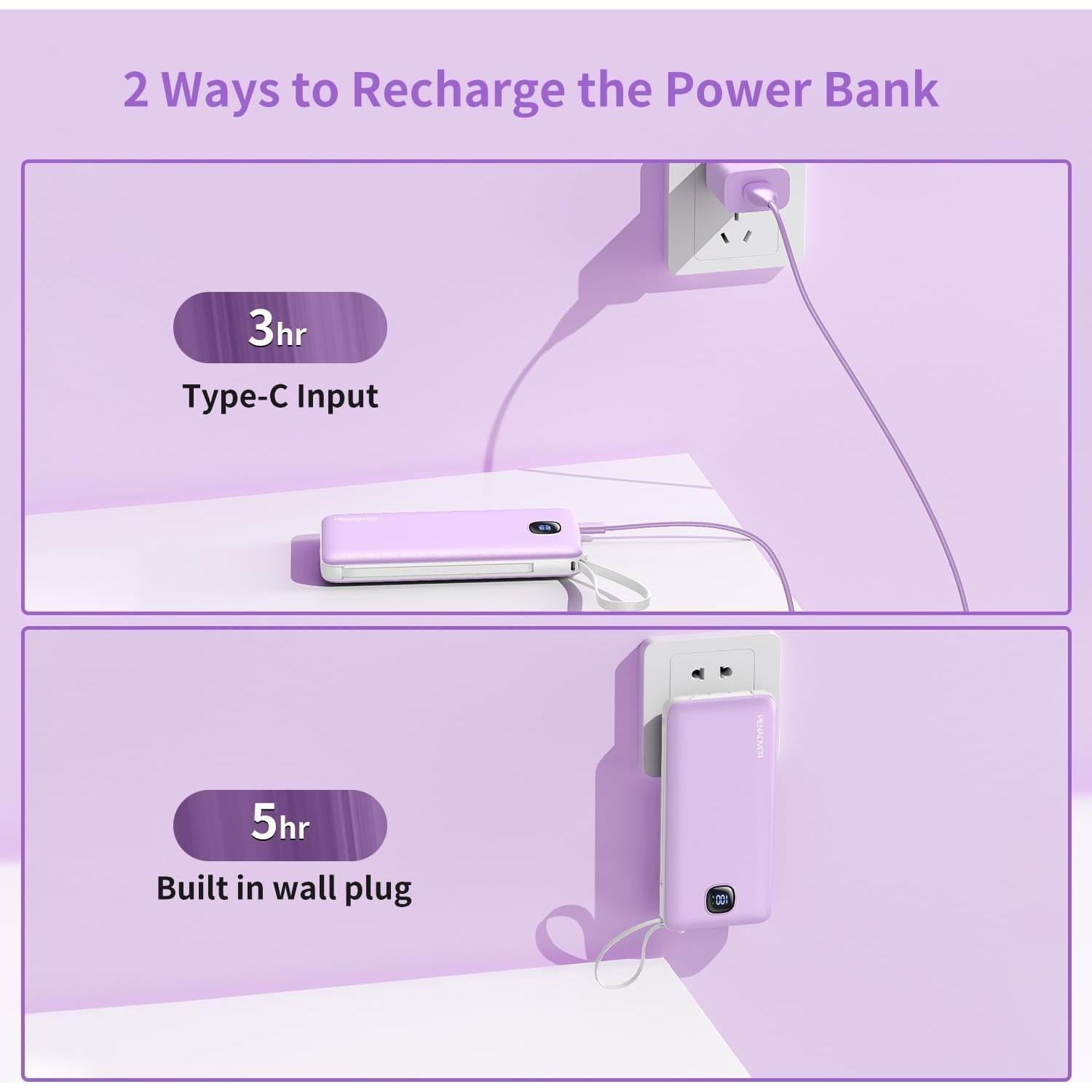Cargador Portátil 10000mAh Penaover con Cables Integrados y Carga Rápida