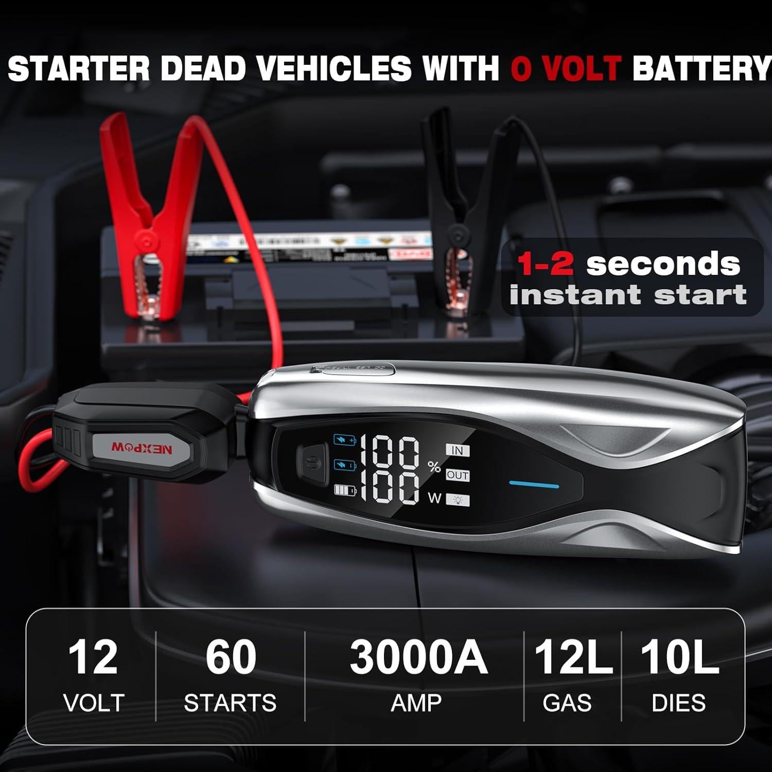 X7 3000A Jump Starter with PD 60W Dual-Way Faster Charging, Car Battery Jump Starter for 12L Gas/10L Diesel Engines, 12V Portable Jump Start Battery Pack with 3.2″ HD Display, IP63 Waterproof