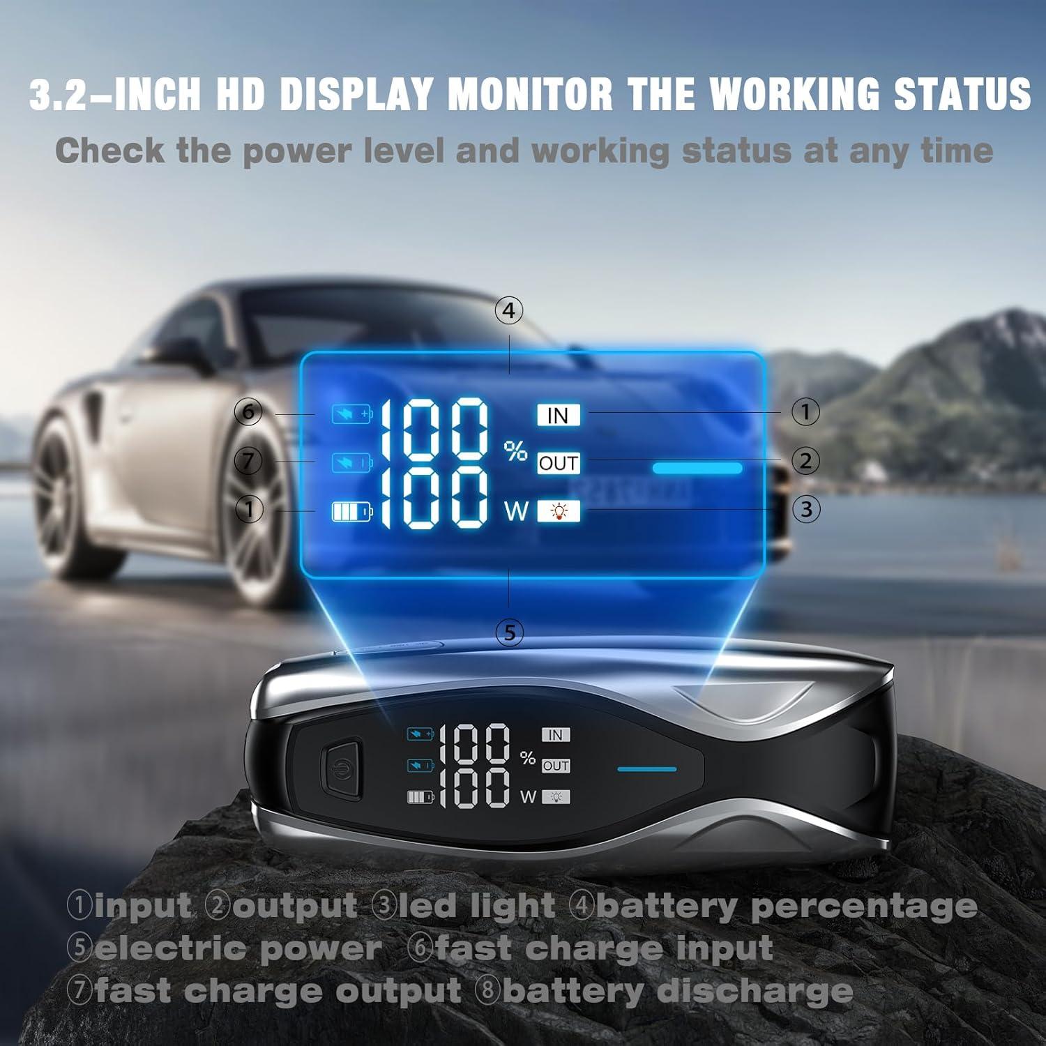 X7 3000A Jump Starter with PD 60W Dual-Way Faster Charging, Car Battery Jump Starter for 12L Gas/10L Diesel Engines, 12V Portable Jump Start Battery Pack with 3.2″ HD Display, IP63 Waterproof