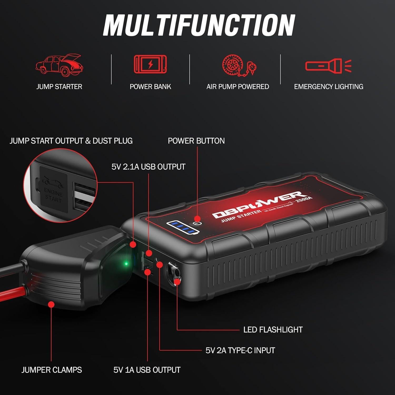 Arrancador de Coche DBPOWER G57 2500A 74Wh Portátil 12V